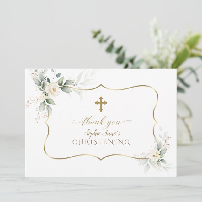 Tarjeta De Agradecimiento Charm Airy Greenery White Flowers Chica Christenin (Anverso de pie)