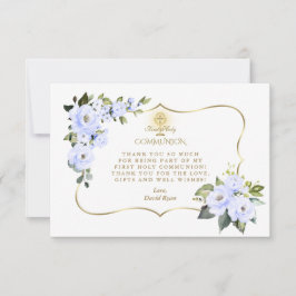 Tarjeta De Agradecimiento Charm Blue Floral Gold Cross Boy Santa Comunión