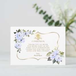 Tarjeta De Agradecimiento Charm Blue Floral Gold Cross Boy Santa Comunión