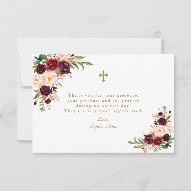Tarjeta De Agradecimiento Charm Burgundy Marsala Chica floral Bautismo (Anverso)
