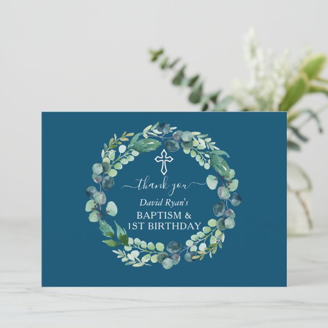 Tarjeta De Agradecimiento Charm Eucalyptus Wreath Boy Baptism First Birday (Anverso de pie)