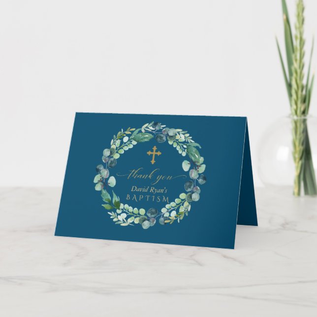 Tarjeta De Agradecimiento Charm Eucalyptus Wreath Gold Photo Boy Baptismo (Anverso)