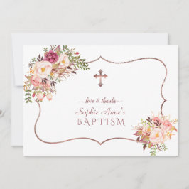 Tarjeta De Agradecimiento Charm Flores Rosa Subió bautismo cruzado de oro