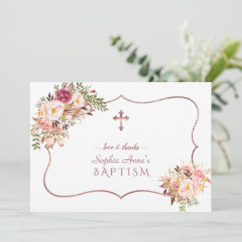 Tarjeta De Agradecimiento Charm Flores Rosa Subió bautismo cruzado de oro
