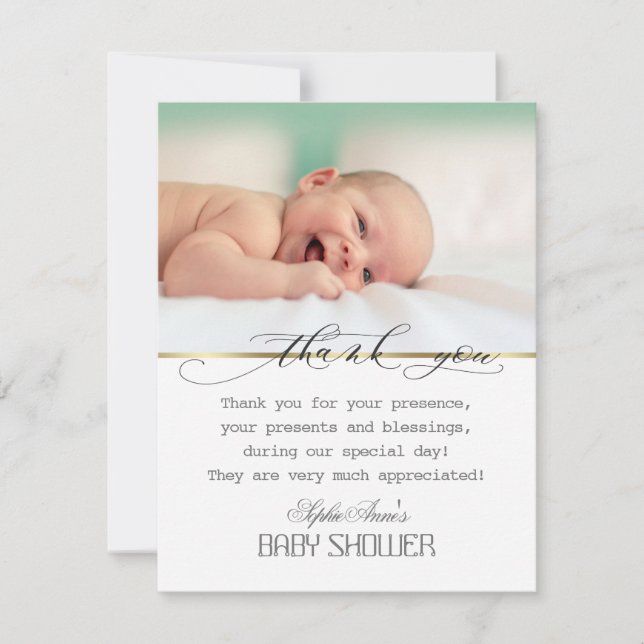 Tarjeta De Agradecimiento Charm Greenery Frame Gold Photo Baby Shower (Anverso)
