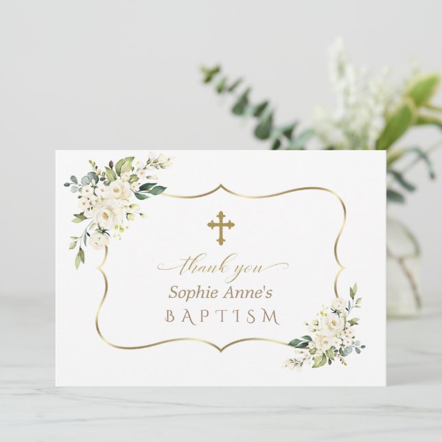 Tarjeta De Agradecimiento Charm Invitation De Bautizo Con Flores Baptism (Anverso de pie)