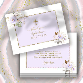 Tarjeta De Agradecimiento Charm Light Purple Gold Flores Chica Bautismo