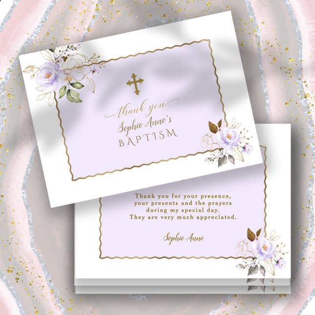 Tarjeta De Agradecimiento Charm Light Purple Gold Flores Chica Bautismo (floral baptism thank you, gold light purple baptism thank you, trendy elegant modern baptism card)