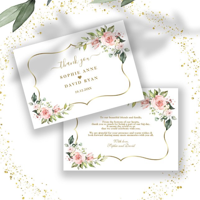 Tarjeta De Agradecimiento Charm Pink Rubor Flores Gold Frame Boda (Subido por el creador)