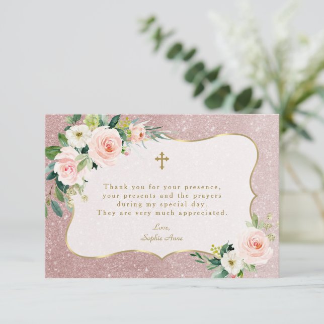 Tarjeta De Agradecimiento Charm Pink White Floral Rosa Gold Purpurina Bautis (Anverso de pie)