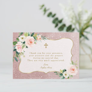 Tarjeta De Agradecimiento Charm Pink White Floral Rosa Gold Purpurina Bautis