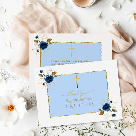Tarjeta De Agradecimiento Charm Watercolor Blue Gold Flores Boy Baptism