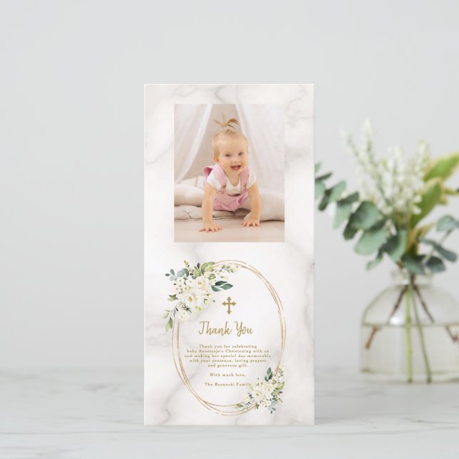 Tarjeta De Agradecimiento Charm White Flowers Gold Cross Photo Christening (Anverso de pie)