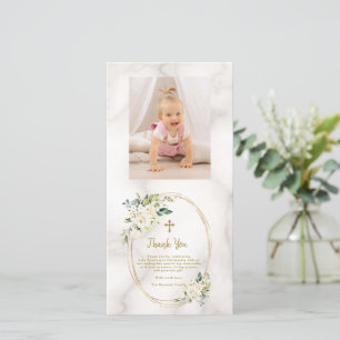 Tarjeta De Agradecimiento Charm White Flowers Gold Cross Photo Christening