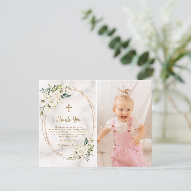 Tarjeta De Agradecimiento Charm White Flowers Gold Cross Photo Christening (Anverso de pie)