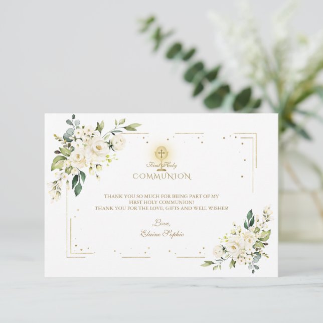 Tarjeta De Agradecimiento Charm White Flowers Marco dorado Comunión sagrada (Anverso de pie)