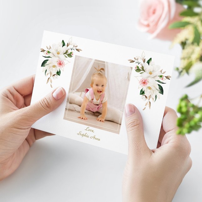 Tarjeta De Agradecimiento Charm White Magnolia Photo Girl 1st Birthday (Subido por el creador)