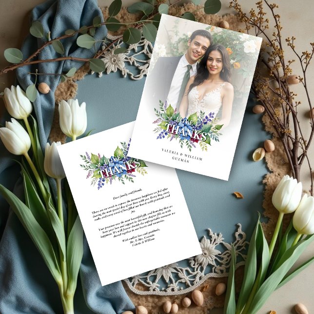 Tarjeta De Agradecimiento Charming Romantic Floral & Transparency Overlay (Charming Romantic Floral & Transparency Overlay Wedding Thank You Card with Photo. )