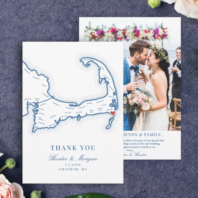 Tarjeta De Agradecimiento Chatham Bars en Cape Cod Boda Foto (Chatham Bars Inn Thank You Card with wedding photo in elegant navy blue from Coastal Map Designs)