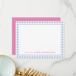 Tarjeta De Agradecimiento Cheque de Gingham azul con rosa desde la mesa de