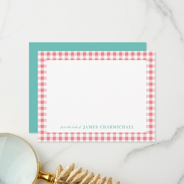 Tarjeta De Agradecimiento Cheque de Gingham rosa con Aqua desde la mesa de (Anverso/Reverso In Situ)