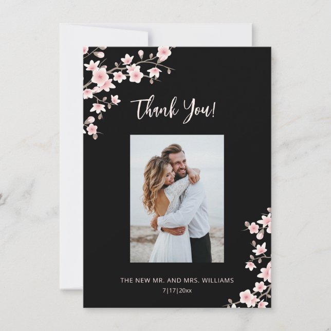 Tarjeta De Agradecimiento Cherry Blossom Pink Black Wedding Thank You (Anverso)