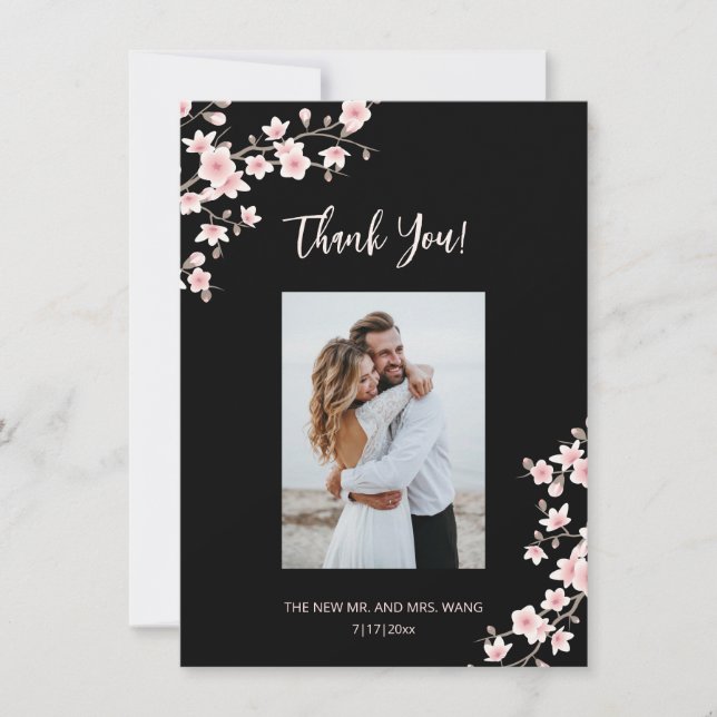Tarjeta De Agradecimiento Cherry Blossom Pink Black Wedding Thank You (Anverso)