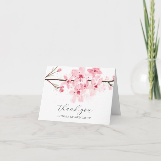 Tarjeta De Agradecimiento Cherry Blossom Pink Floral Boda Gracias (Anverso)