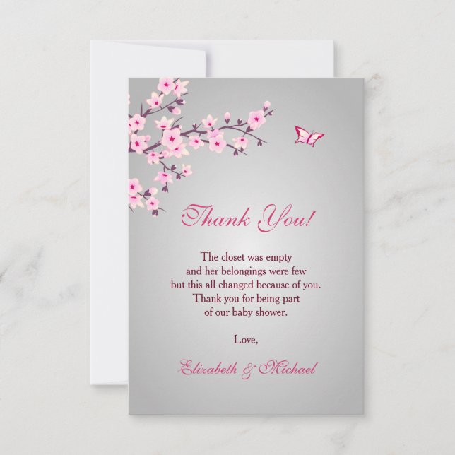 Tarjeta De Agradecimiento Cherry Blossom Pink Gray Baby Shower Gracias (Anverso)