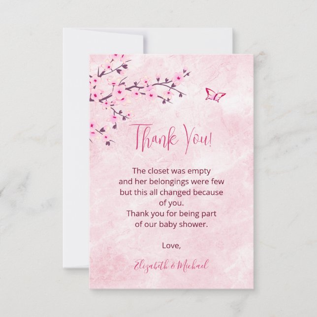 Tarjeta De Agradecimiento Cherry Blossom Pink Marble Baby Shower Gracias (Anverso)