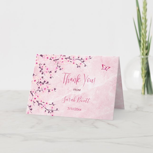 Tarjeta De Agradecimiento Cherry Blossom Pink Marble Gracias Baby Shower (Anverso)