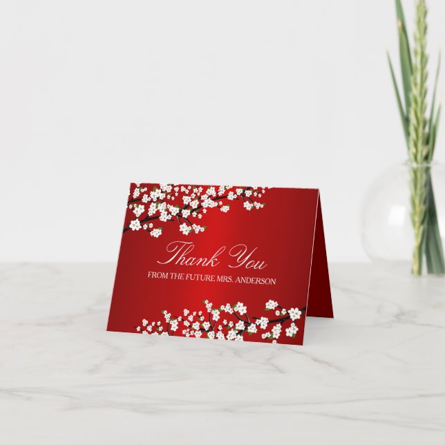 Tarjeta De Agradecimiento Cherry Blossom Red Bridal Shower Thank You Card (Anverso)
