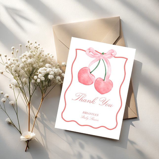 Tarjeta De Agradecimiento Cherry coqueta rosa ducha bebé (Cherry pink coquette baby shower thank you cards pastel pink wavy border thank you cards)