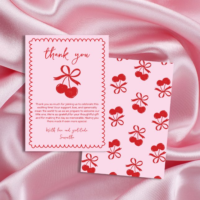 Tarjeta De Agradecimiento Cherry Coquette Hand Drake Baby Girl Shower (Cherry Coquette Hand Drawn Baby Girl Shower Thank You Card)