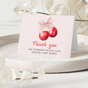Tarjeta De Agradecimiento Cherry en Baby Shower de Bow Rosado superior