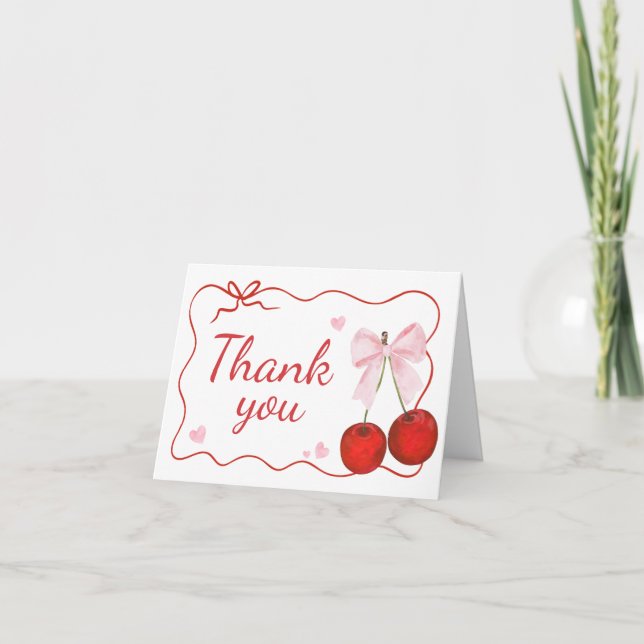 Tarjeta De Agradecimiento Cherry en Baby Shower de Bow Rosado superior (Anverso)