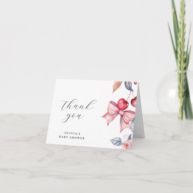 Tarjeta De Agradecimiento Cherry on Top Pink Bow Coquette Baby Shower (Anverso)