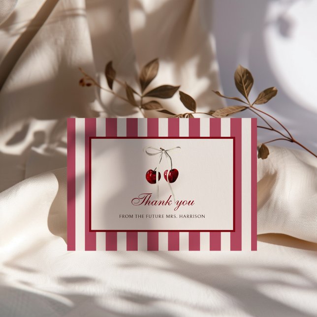 Tarjeta De Agradecimiento Cherry Stripes Bridal Shower (Subido por el creador)