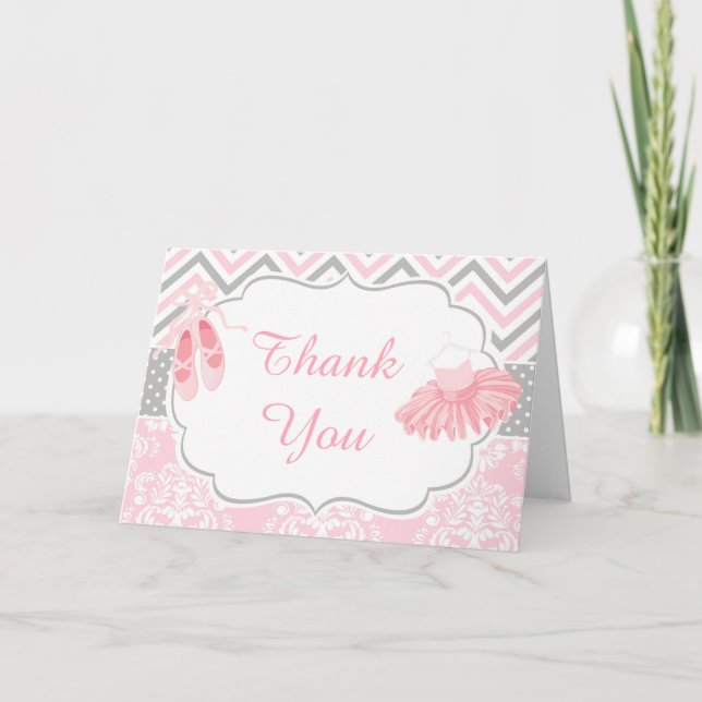 Tarjeta De Agradecimiento Chevron Ballerina rosa y gris gracias (Anverso)