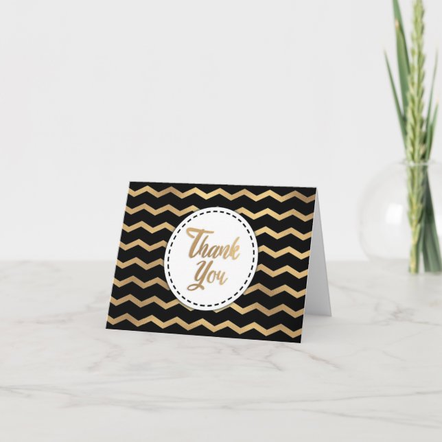 Tarjeta De Agradecimiento Chevron Black and Gold Stripe Gracias (Anverso)