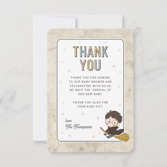 Tarjeta De Agradecimiento Chibi Harry Potter Ducha de Bebé Mágico (Anverso)