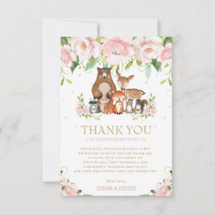 Tarjeta De Agradecimiento Chic Animales del Bosque Flor Rosa Baby Shower