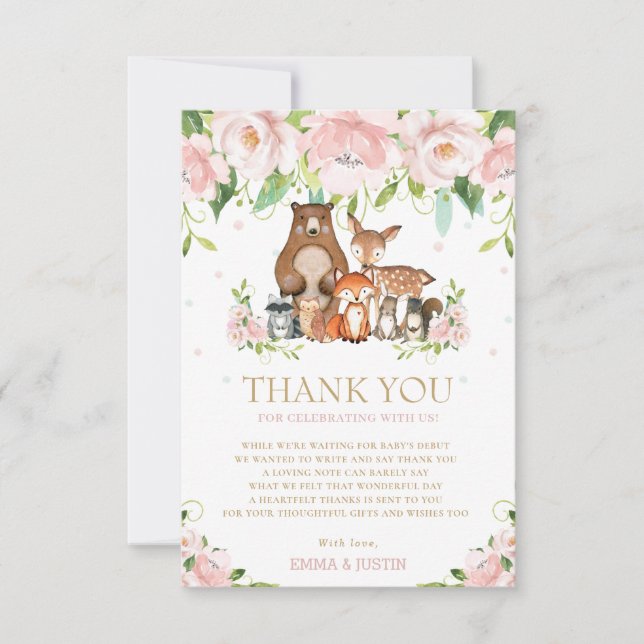Tarjeta De Agradecimiento Chic Animales del Bosque Flor Rosa Baby Shower (Anverso)