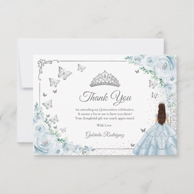 Tarjeta De Agradecimiento Chic Baby Blue Roses Silver Quinceanera (Anverso)
