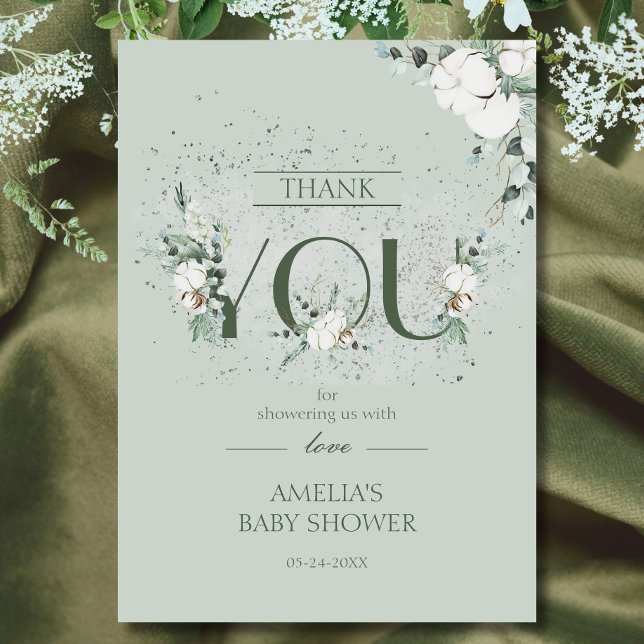 Tarjeta De Agradecimiento Chic Baby Shower Floral Verde Menta (Subido por el creador)