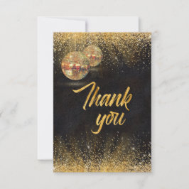 Tarjeta De Agradecimiento Chic Black Gold Glitter Disco Balls Wedding Photo