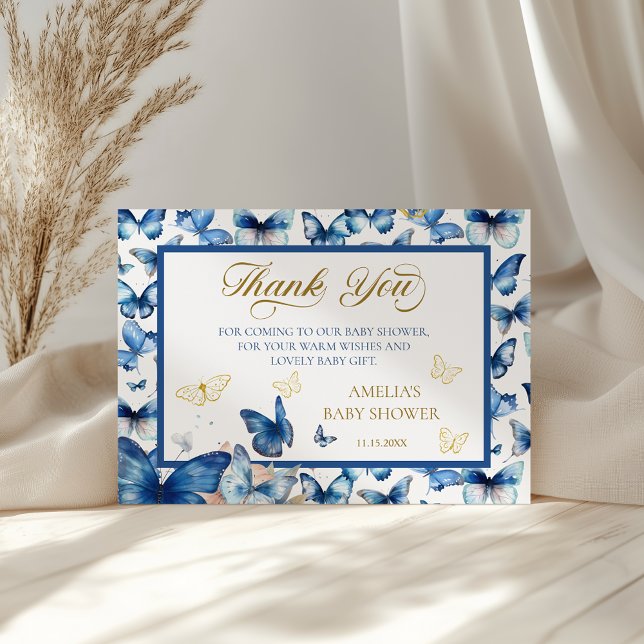 Tarjeta De Agradecimiento Chic Blue Butterfly Baby en Flor Baby Shower (Subido por el creador)