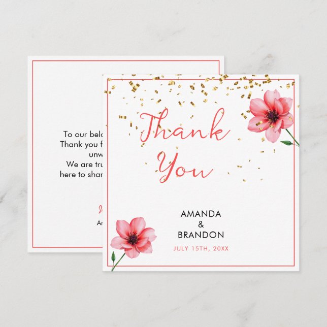 Tarjeta De Agradecimiento Chic Blush Pink Floral Confetti Frame Wedding (Anverso / Reverso)