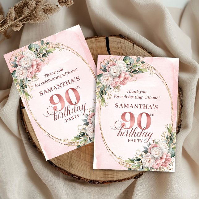 Tarjeta De Agradecimiento Chic Blush Pink Gold Eucalyptus 90th Birthday Card (Chic Blush Pink Gold Eucalyptus 90th Birthday Thank You)