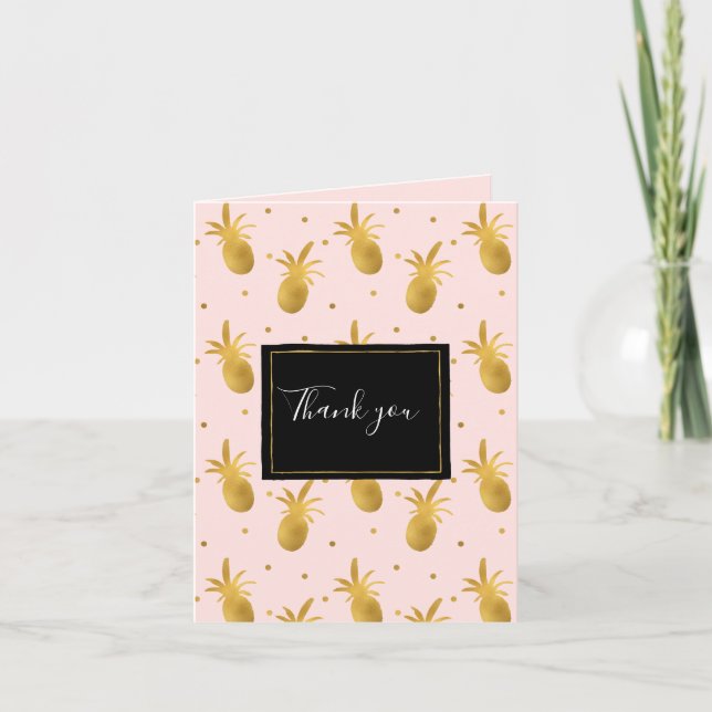 Tarjeta De Agradecimiento Chic Blush Pink Gold Pineapples and Dots Thank you (Anverso)